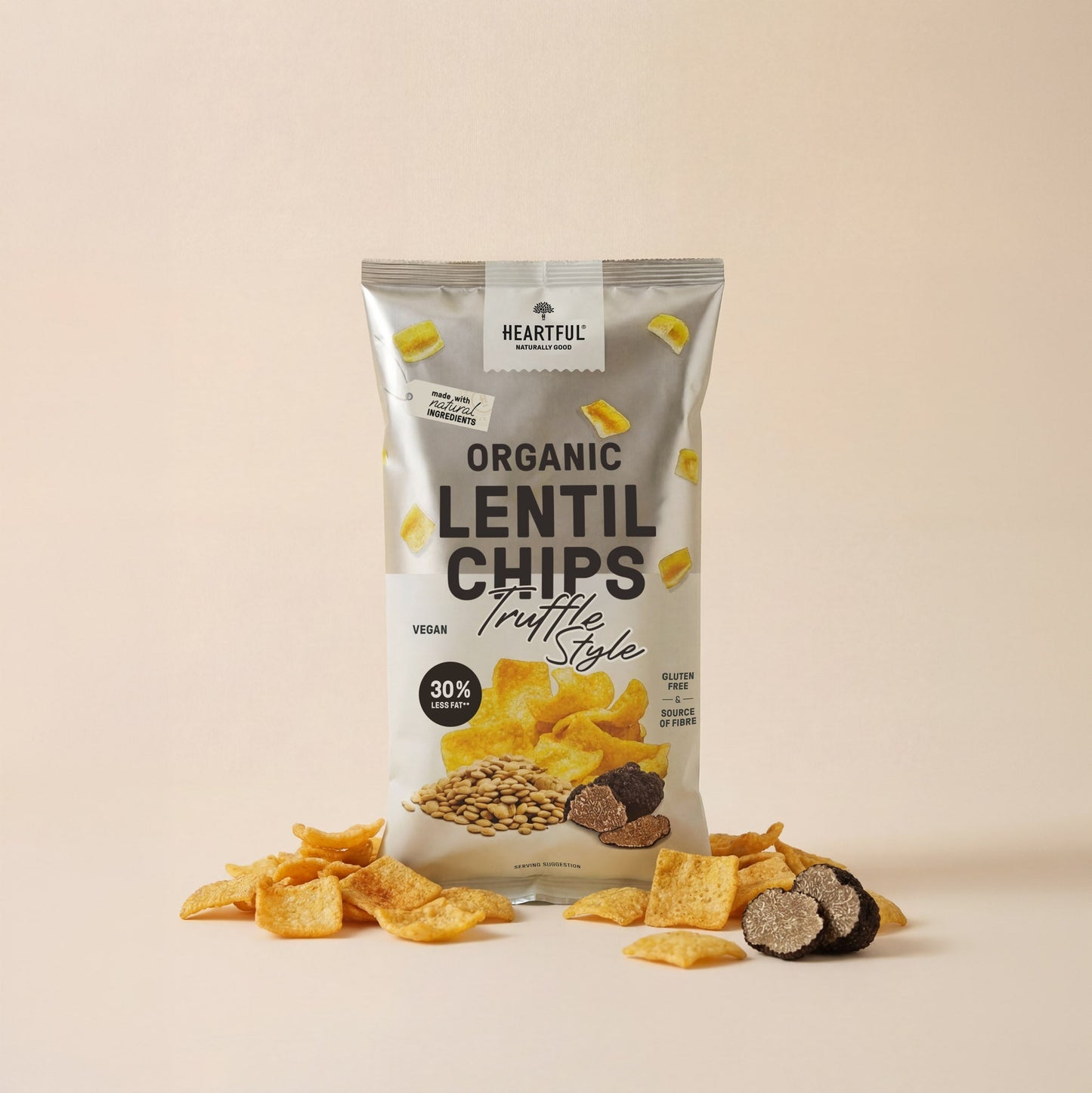 Heartful Organic Lentil Chips Truffle Style, 75g bag with lentil chips and truffle
