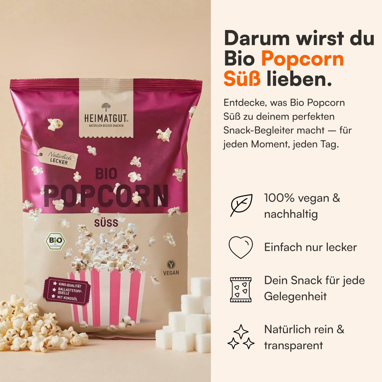 Bio Popcorn Süß von Heimatgut, ohne Palmöl und ohne Gentechnik