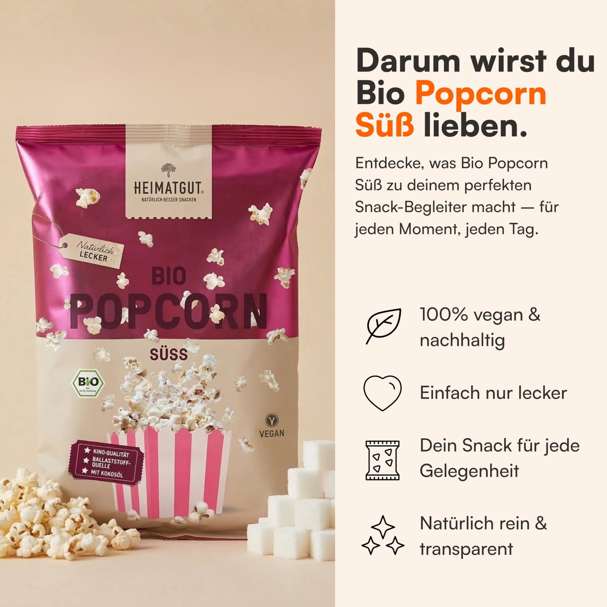 Bio Popcorn Süß von Heimatgut, ohne Palmöl und ohne Gentechnik