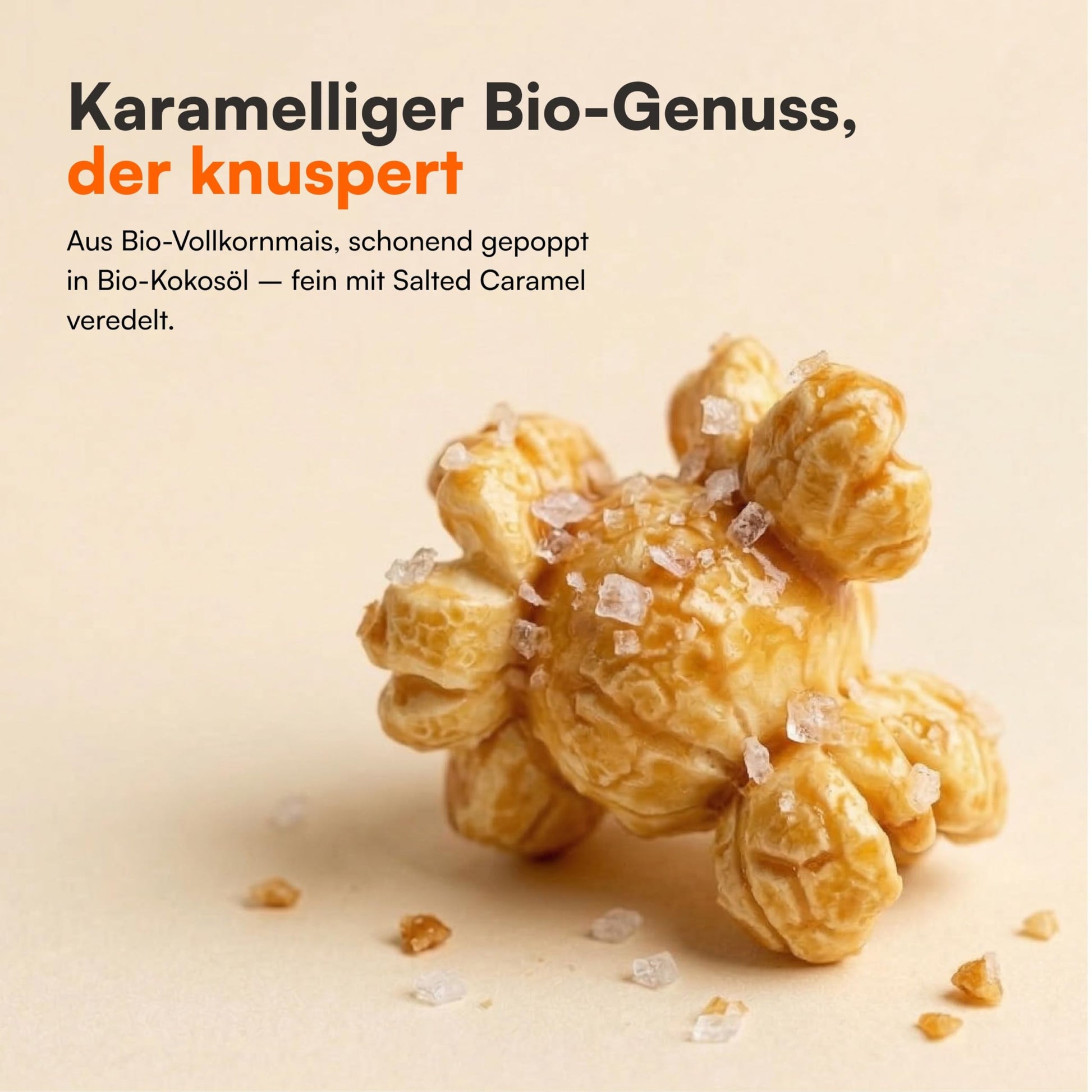 Nahaufnahme von karamellisiertem Bio Popcorn Salted Caramel Style