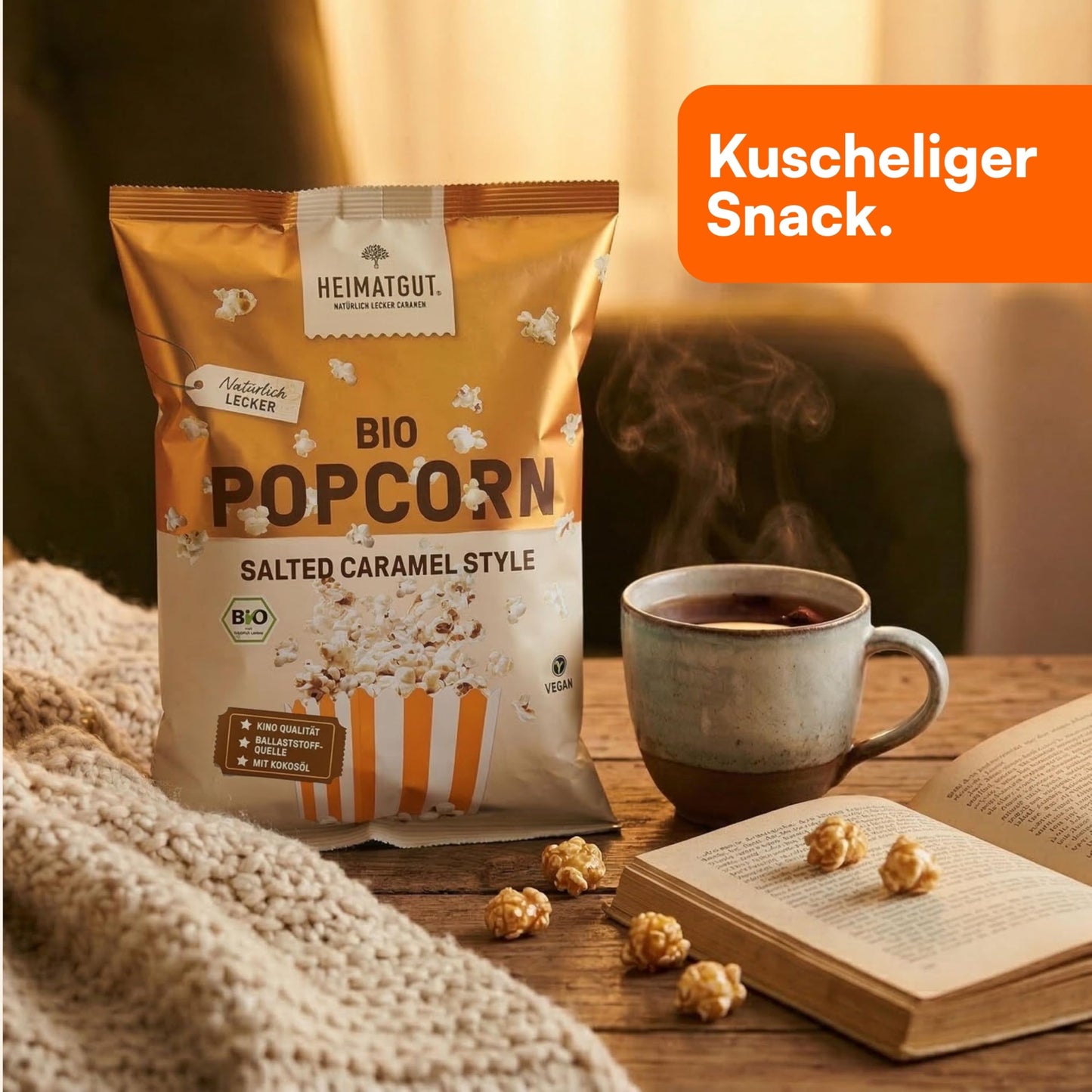 Bio Popcorn Salted Caramel Style als Snack für den Filmabend