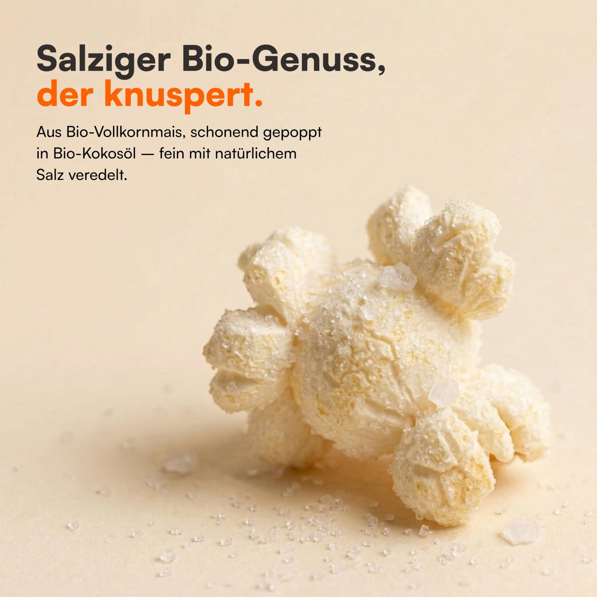 Nahaufnahme einer gesalzenen Popcornflocke aus Bio-Vollkornmais