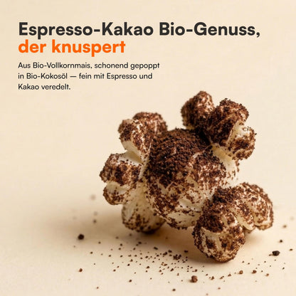 Nahaufnahme von Bio Popcorn im Espresso-Kakao-Style