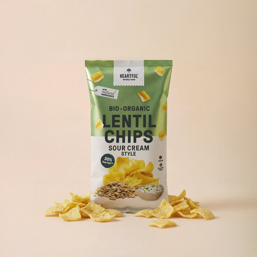 Heartful Organic Lentil Chips Sour Cream Style, 75g bag with lentil chips