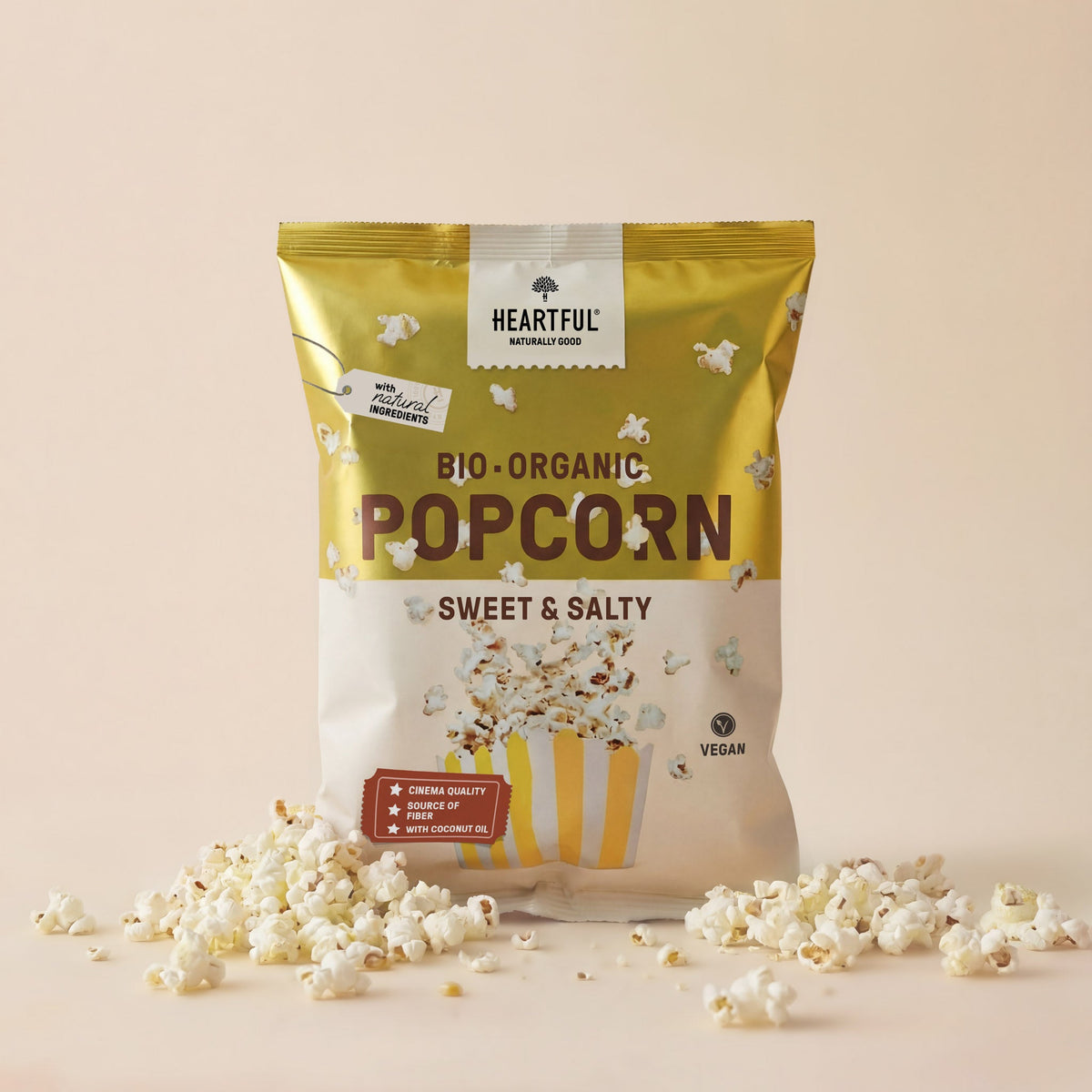 Heartful Organic Popcorn Sweet & Salty, 90g bag with popcorn