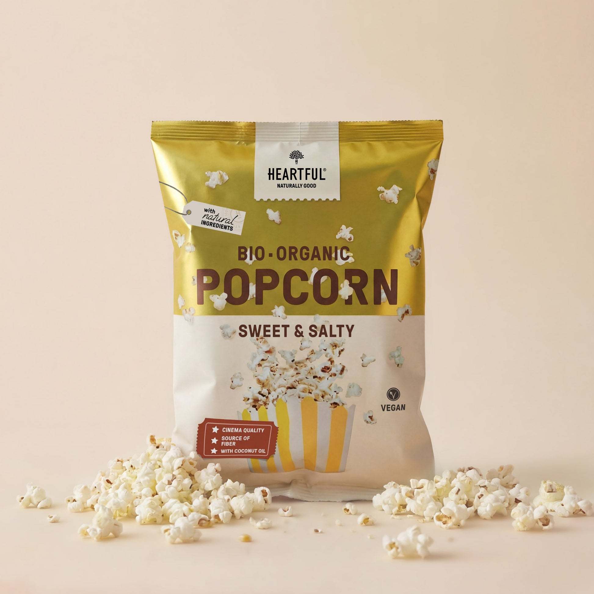 Heartful Organic Popcorn Sweet & Salty, 90g bag with popcorn
