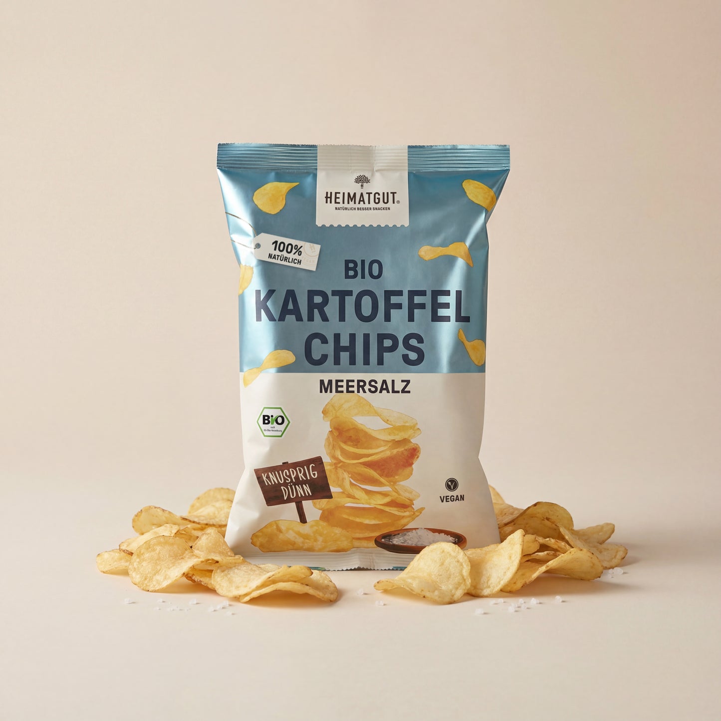 Bio Kartoffelchips Meersalz 125g von Heimatgut, Tütenansicht von vorne