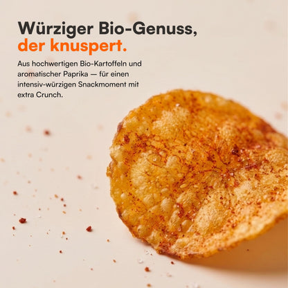 Nahaufnahme Bio Kartoffelchips Paprika, natürlich gewürzt