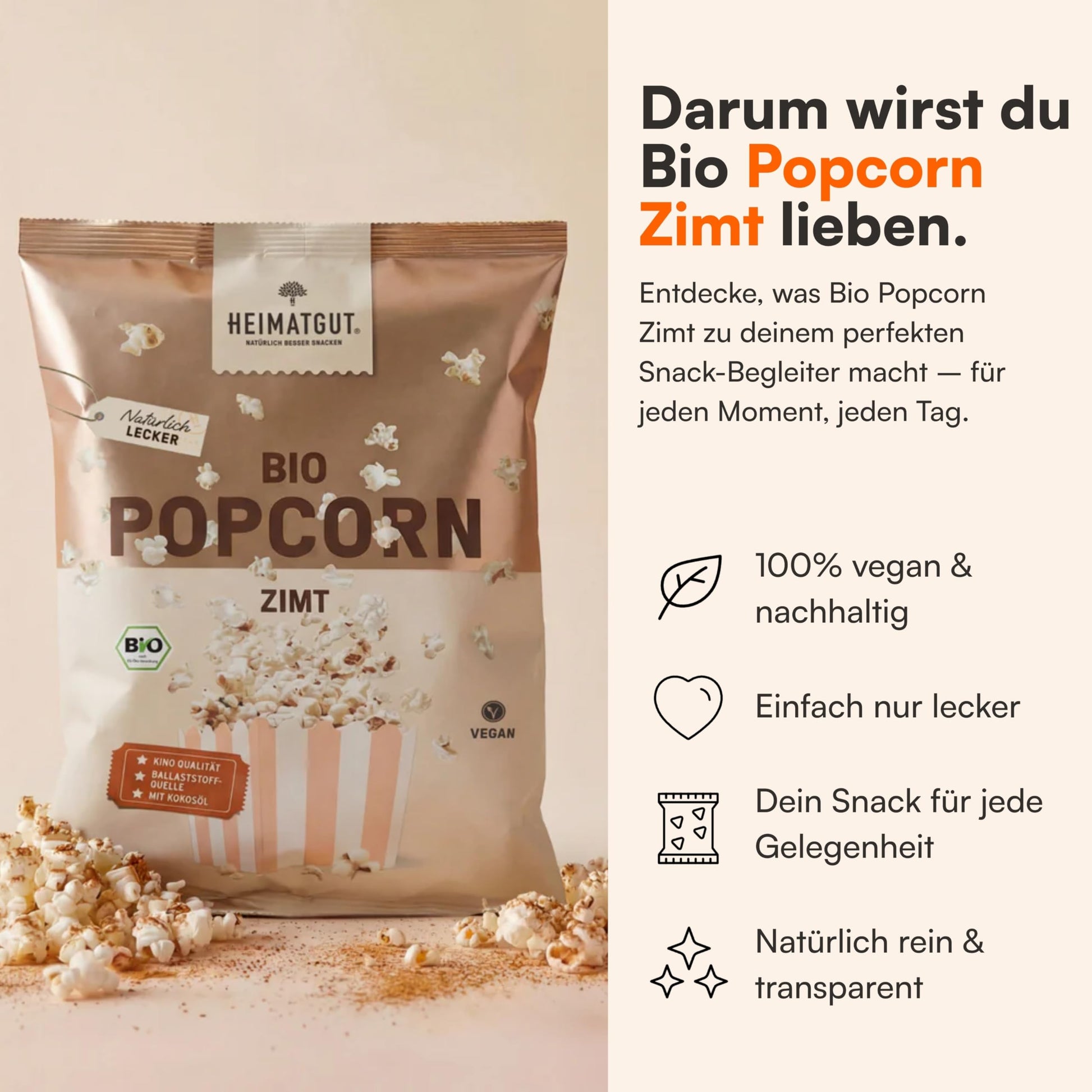 Bio Popcorn Zimt, gepoppt in Bio-Kokosöl ohne Palmöl