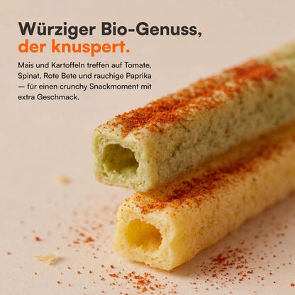 Nahaufnahme Bio Veggie Sticks Smoky Paprika aus Mais und Kartoffel